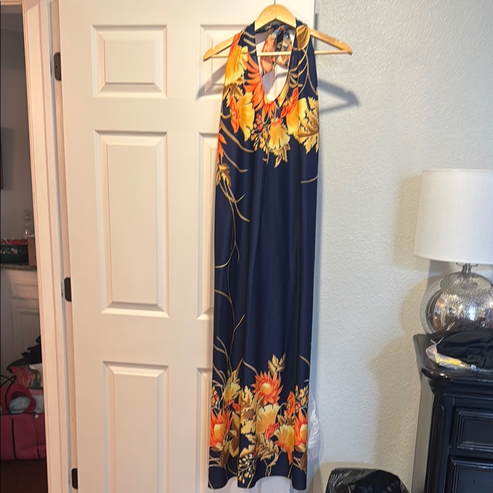 Floral Halter Maxi Dress - Navy and Orange